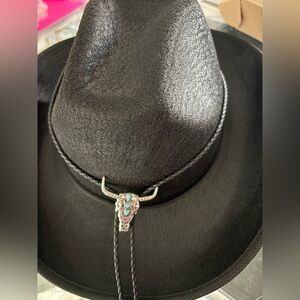 Black Cowboy Hat with Silver Bullhead Bolo Tie